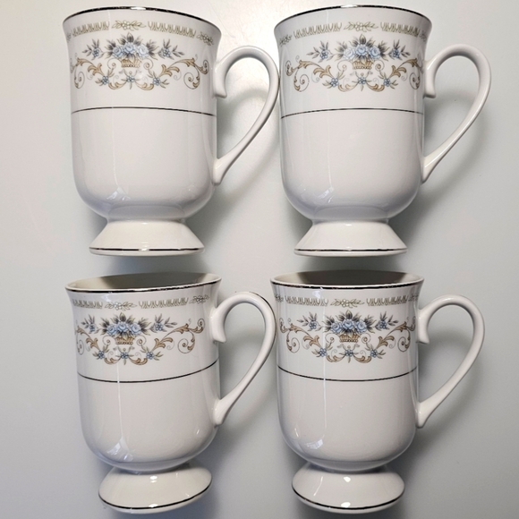 Diane by Fine China of Japan Blue Flower Scrolls - Set of 4 Footed Coffee Cups - Picture 12 of 16